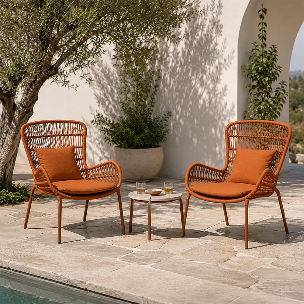 SOLARA Outdoor Lounge Set - 2 High Back Woven Chairs with Sintered Stone Side Table Modern Patio Furniture for Garden Leisure Spaces - Orange