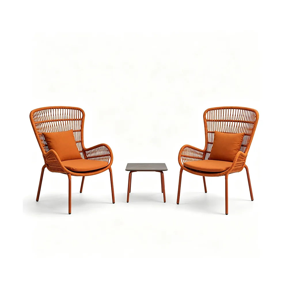 SOLARA Outdoor Lounge Set - 2 High Back Woven Chairs with Sintered Stone Side Table Modern Patio Furniture for Garden Leisure Spaces - Orange