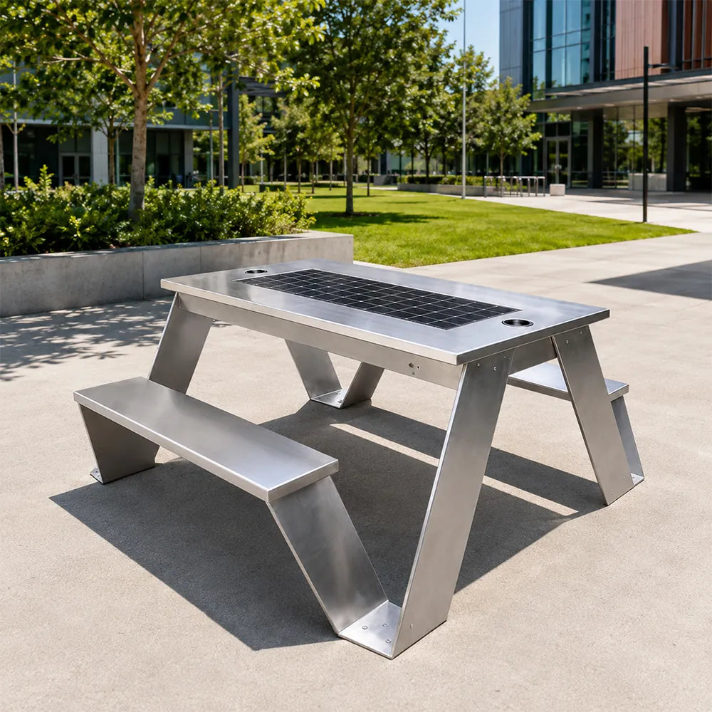 SOLARA Smart Solar Bench - 160cm Outdoor Table Seat with Wireless Charging USB Ports LED Light Galvanised Steel Public Furniture - Silver