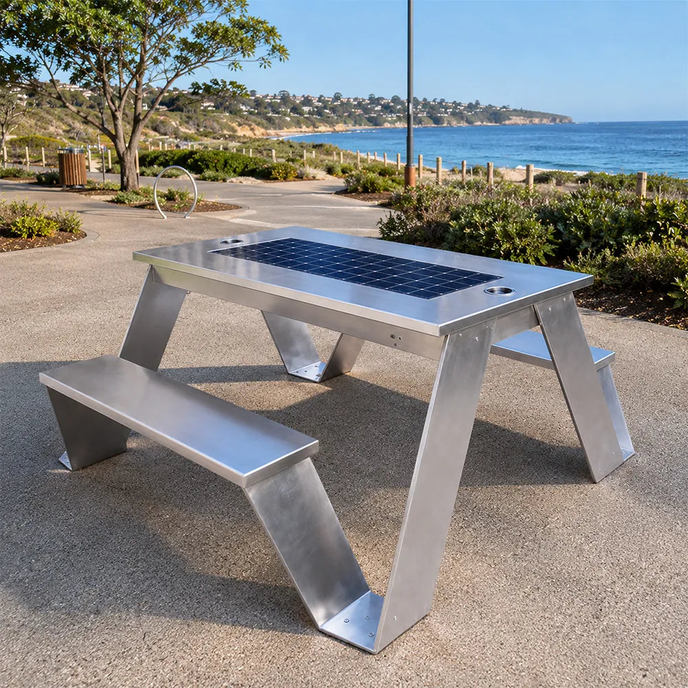 SOLARA Smart Solar Bench - 160cm Outdoor Table Seat with Wireless Charging USB Ports LED Light Galvanised Steel Public Furniture - Silver