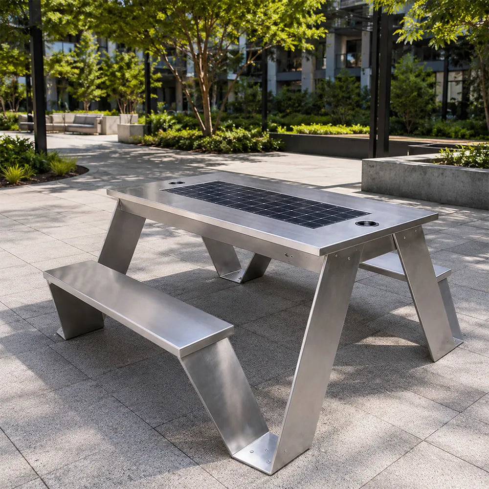 SOLARA Smart Solar Bench - 160cm Outdoor Table Seat with Wireless Charging USB Ports LED Light Galvanised Steel Public Furniture - Silver