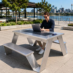 SOLARA Smart Solar Bench - 160cm Outdoor Table Seat with Wireless Charging USB Ports LED Light Galvanised Steel Public Furniture - Silver