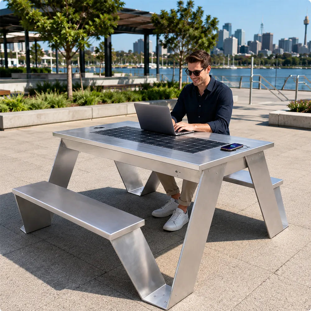 SOLARA Smart Solar Bench - 160cm Outdoor Table Seat with Wireless Charging USB Ports LED Light Galvanised Steel Public Furniture - Silver