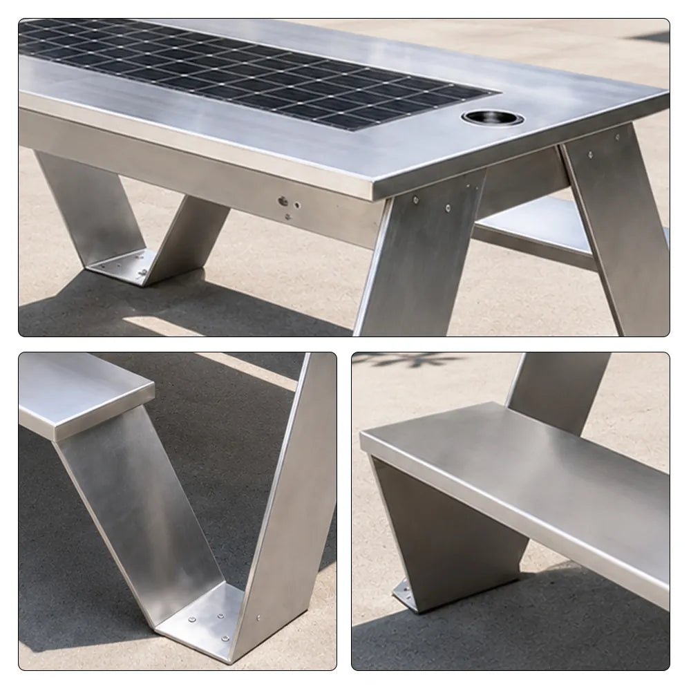 SOLARA Smart Solar Bench - 160cm Outdoor Table Seat with Wireless Charging USB Ports LED Light Galvanised Steel Public Furniture - Silver