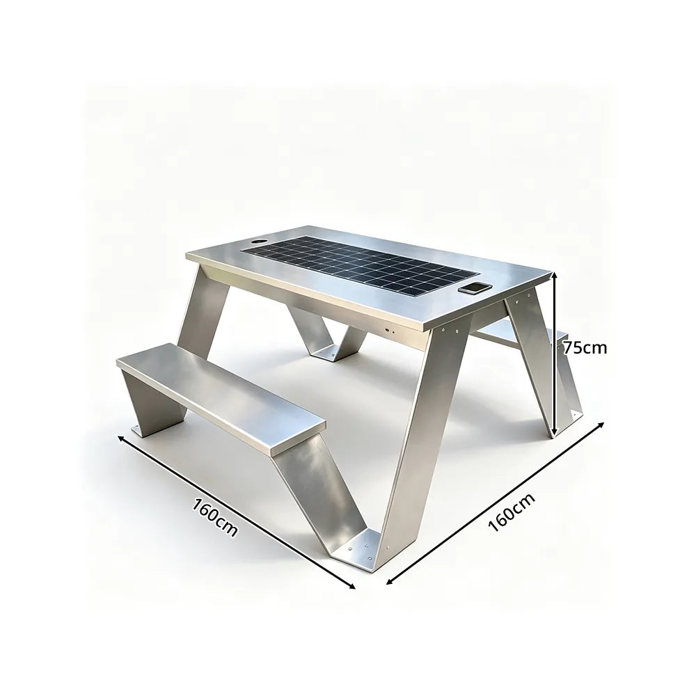 SOLARA Smart Solar Bench - 160cm Outdoor Table Seat with Wireless Charging USB Ports LED Light Galvanised Steel Public Furniture - Silver