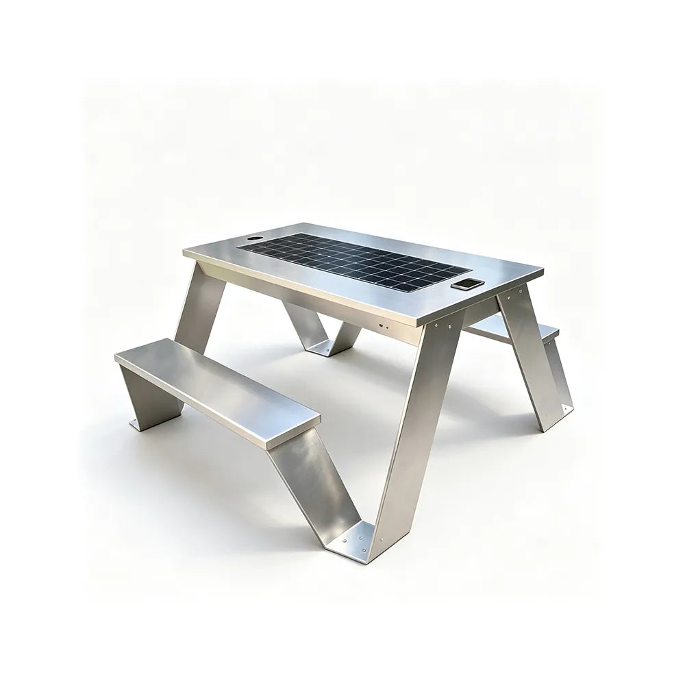 SOLARA Smart Solar Bench - 160cm Outdoor Table Seat with Wireless Charging USB Ports LED Light Galvanised Steel Public Furniture - Silver