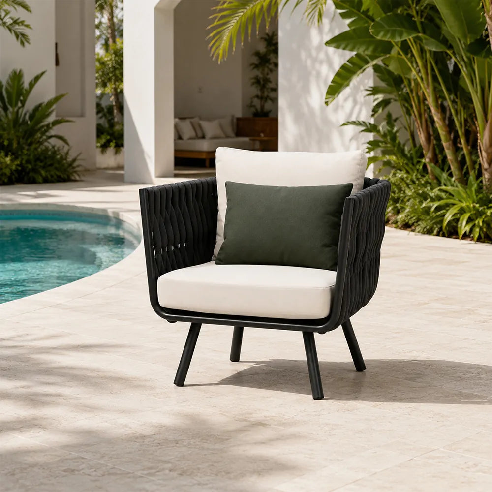 SOLARA Outdoor Lounge Chair - Single Seat Woven Sofa Aluminium Alloy Frame Patio Furniture for Garden Balcony Leisure Spaces - Dark Grey