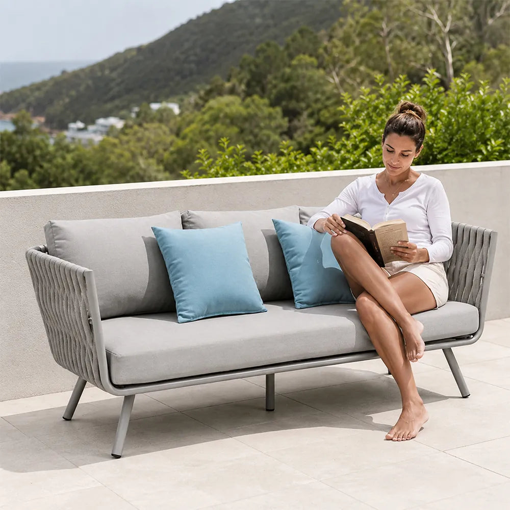 SOLARA Outdoor Sofa - 3 Seater Woven Lounge Sofa Aluminium Alloy Frame Patio Furniture for Garden Balcony Leisure Spaces - Light Grey