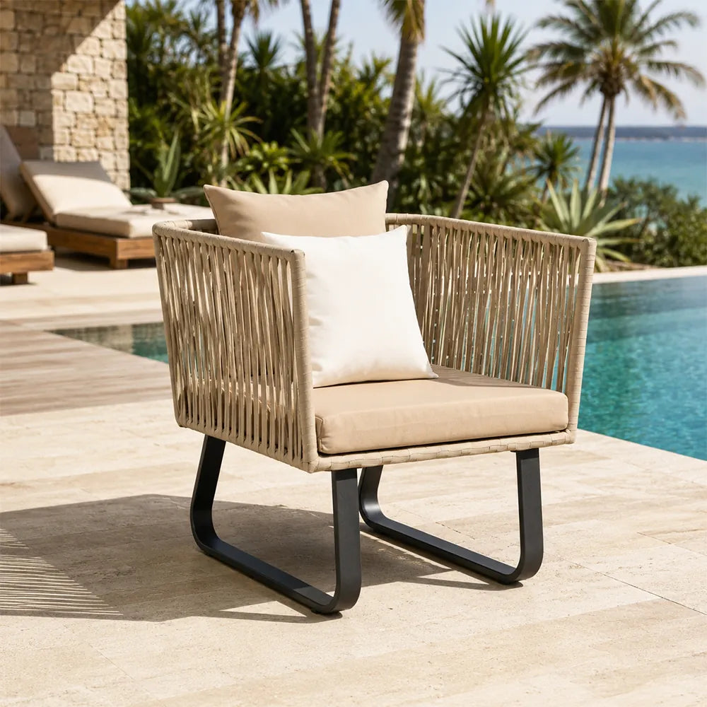 SOLARA Outdoor Lounge Chair - Single Seat Woven Sofa Steel Frame Patio Furniture for Garden Balcony Hotel Leisure Spaces - Beige