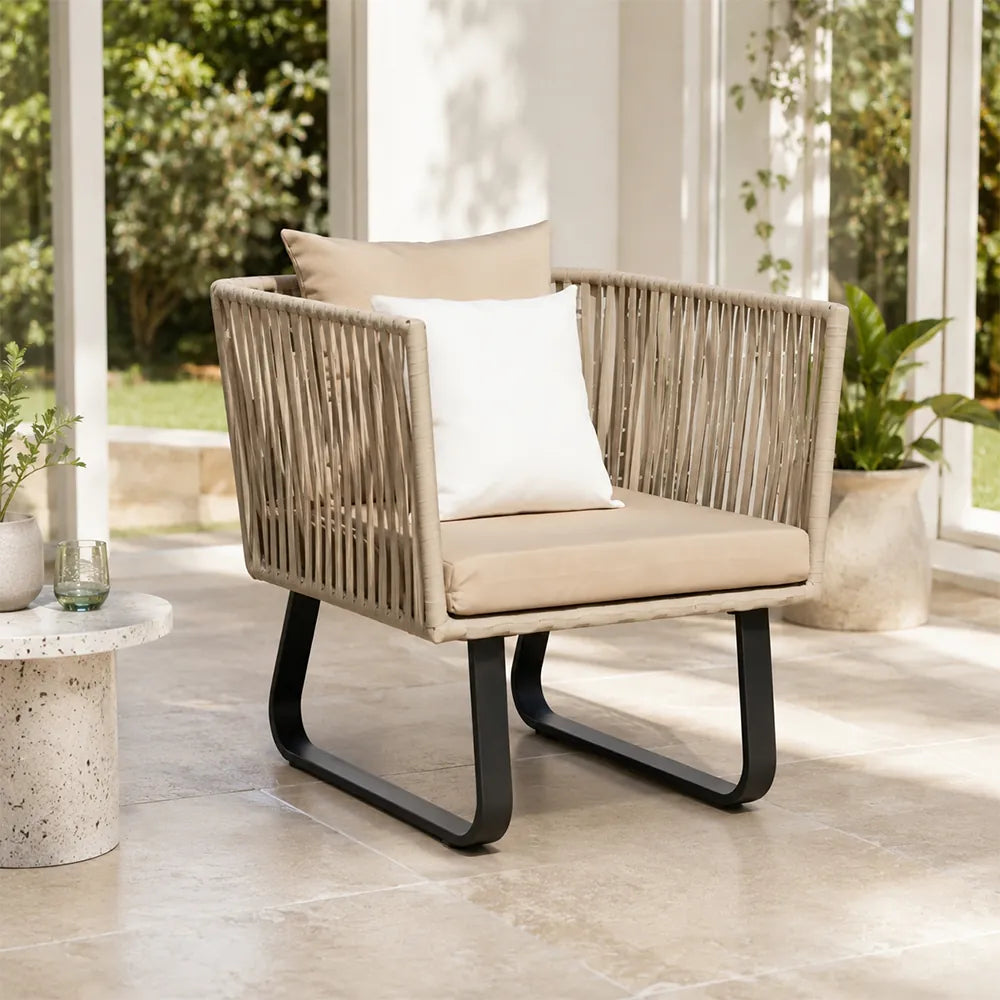 SOLARA Outdoor Lounge Chair - Single Seat Woven Sofa Steel Frame Patio Furniture for Garden Balcony Hotel Leisure Spaces - Beige