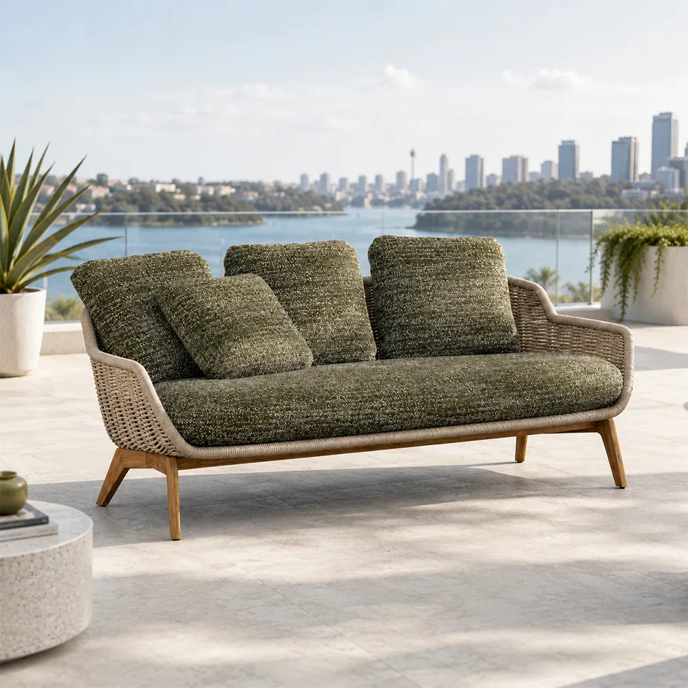 SOLARA Outdoor Sofa - 3 Seater Woven Lounge Sofa Teak Wood Base Frame Patio Furniture for Garden Balcony Leisure Spaces - Green