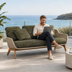 SOLARA Outdoor Sofa - 3 Seater Woven Lounge Sofa Teak Wood Base Frame Patio Furniture for Garden Balcony Leisure Spaces - Green