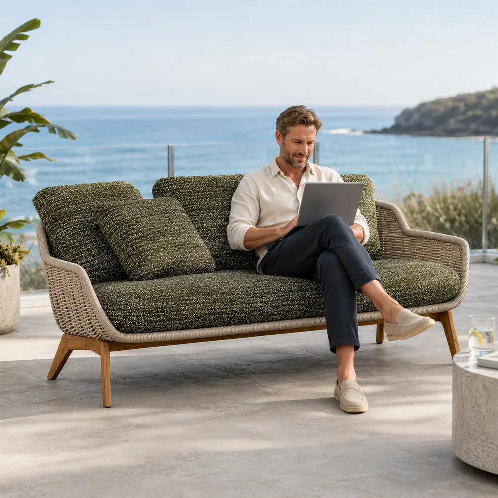 SOLARA Outdoor Sofa - 3 Seater Woven Lounge Sofa Teak Wood Base Frame Patio Furniture for Garden Balcony Leisure Spaces - Green