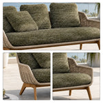 SOLARA Outdoor Sofa - 3 Seater Woven Lounge Sofa Teak Wood Base Frame Patio Furniture for Garden Balcony Leisure Spaces - Green