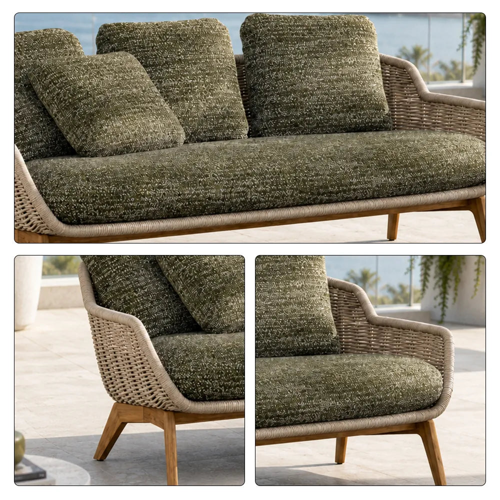 SOLARA Outdoor Sofa - 3 Seater Woven Lounge Sofa Teak Wood Base Frame Patio Furniture for Garden Balcony Leisure Spaces - Green
