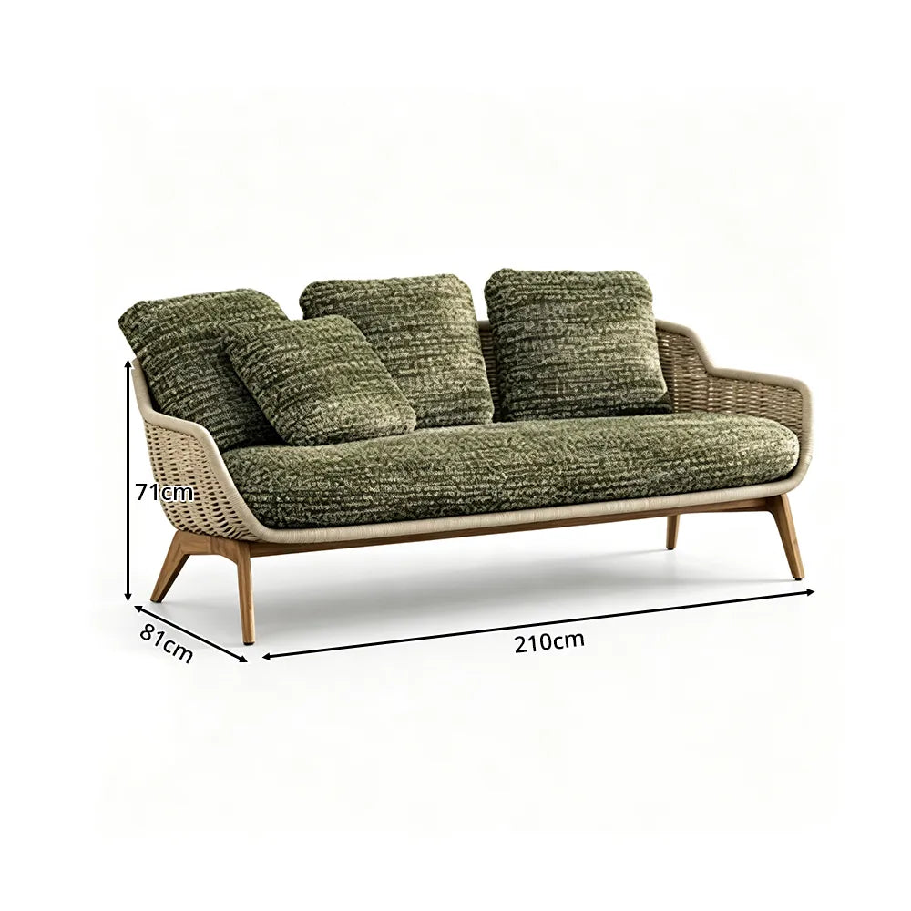 SOLARA Outdoor Sofa - 3 Seater Woven Lounge Sofa Teak Wood Base Frame Patio Furniture for Garden Balcony Leisure Spaces - Green