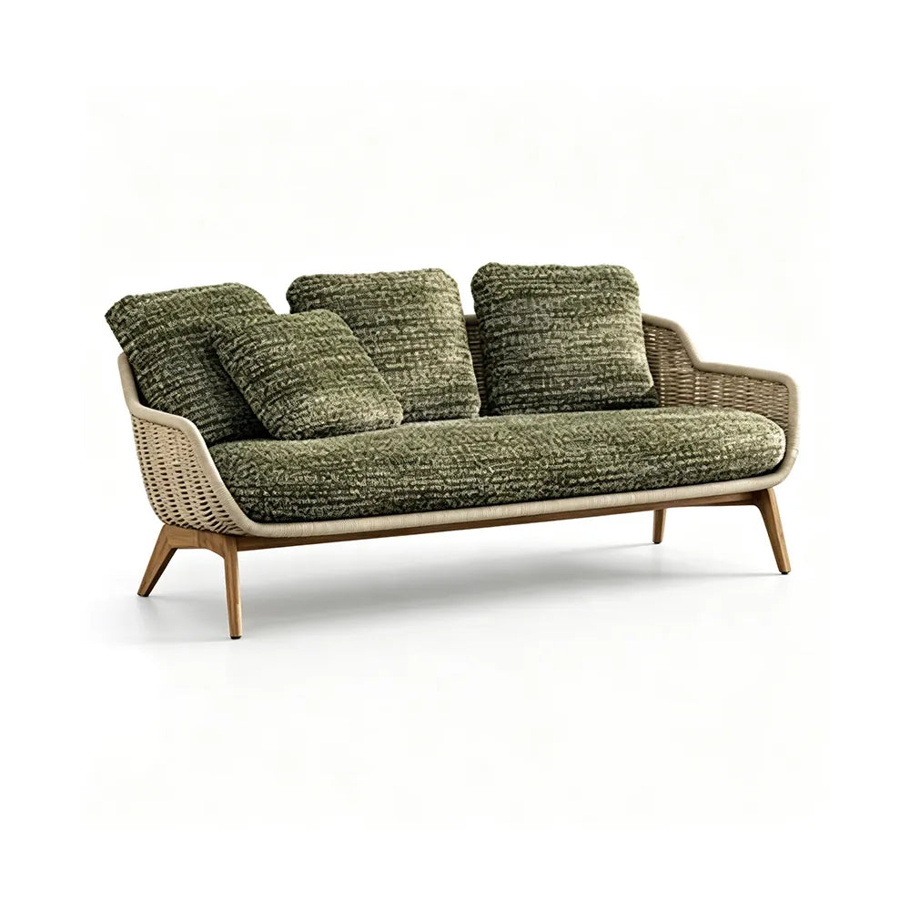 SOLARA Outdoor Sofa - 3 Seater Woven Lounge Sofa Teak Wood Base Frame Patio Furniture for Garden Balcony Leisure Spaces - Green