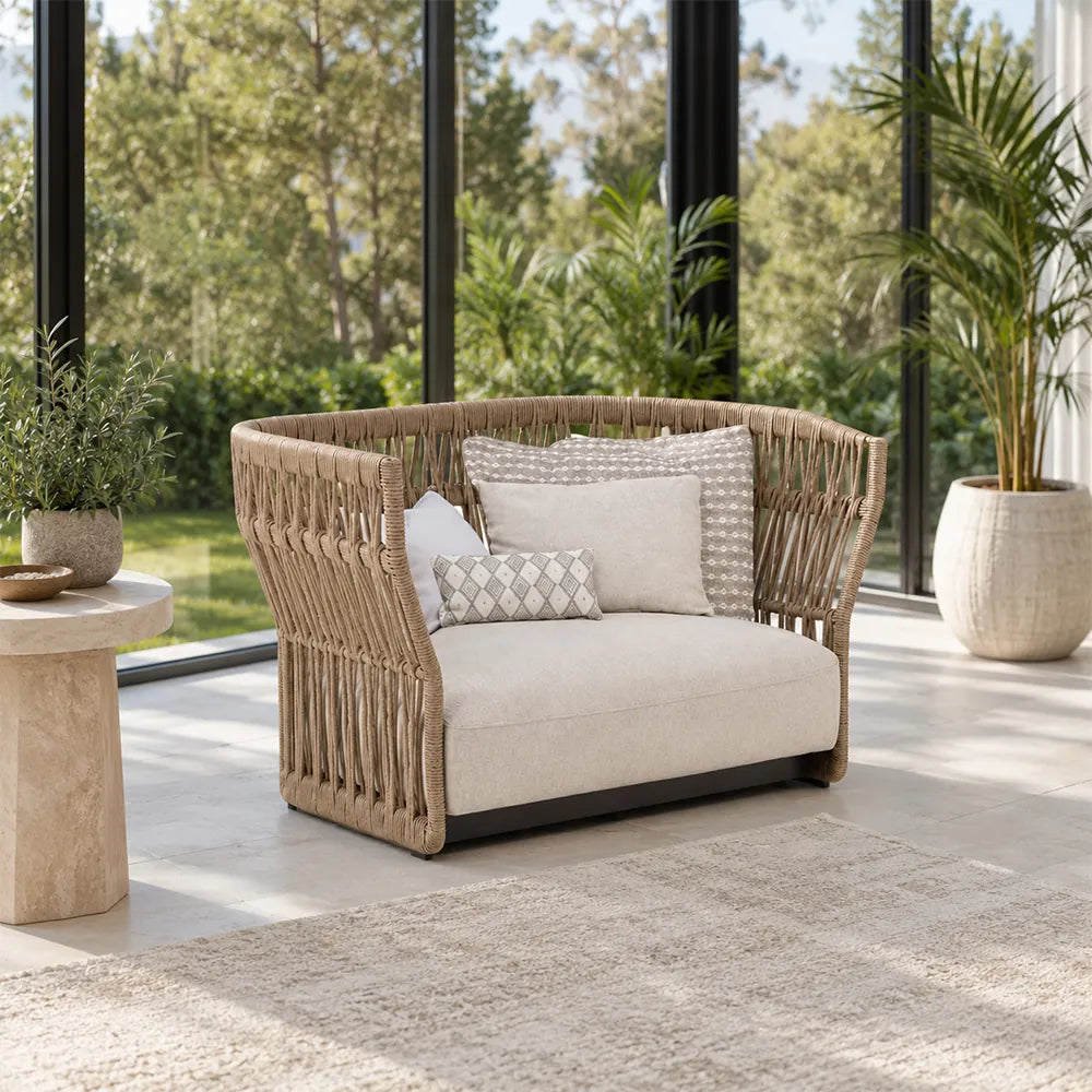 SOLARA Outdoor Lounge Chair - Single Seat Woven Sofa Aluminium Alloy Frame Patio Furniture for Garden Balcony Leisure Spaces - Beige