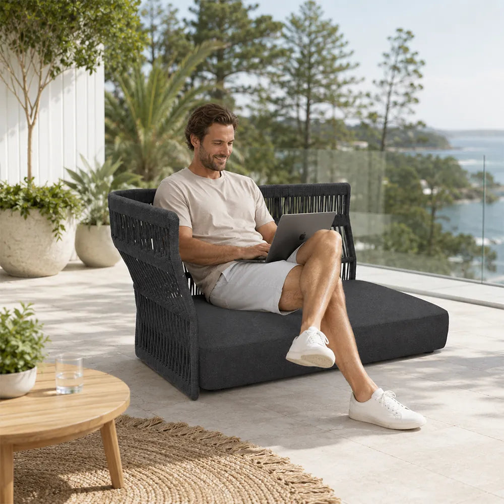 SOLARA Outdoor Corner Sofa - 2 Seater Woven Lounge Sofa Aluminium Alloy Frame Patio Furniture for Garden Balcony Leisure Spaces - Black