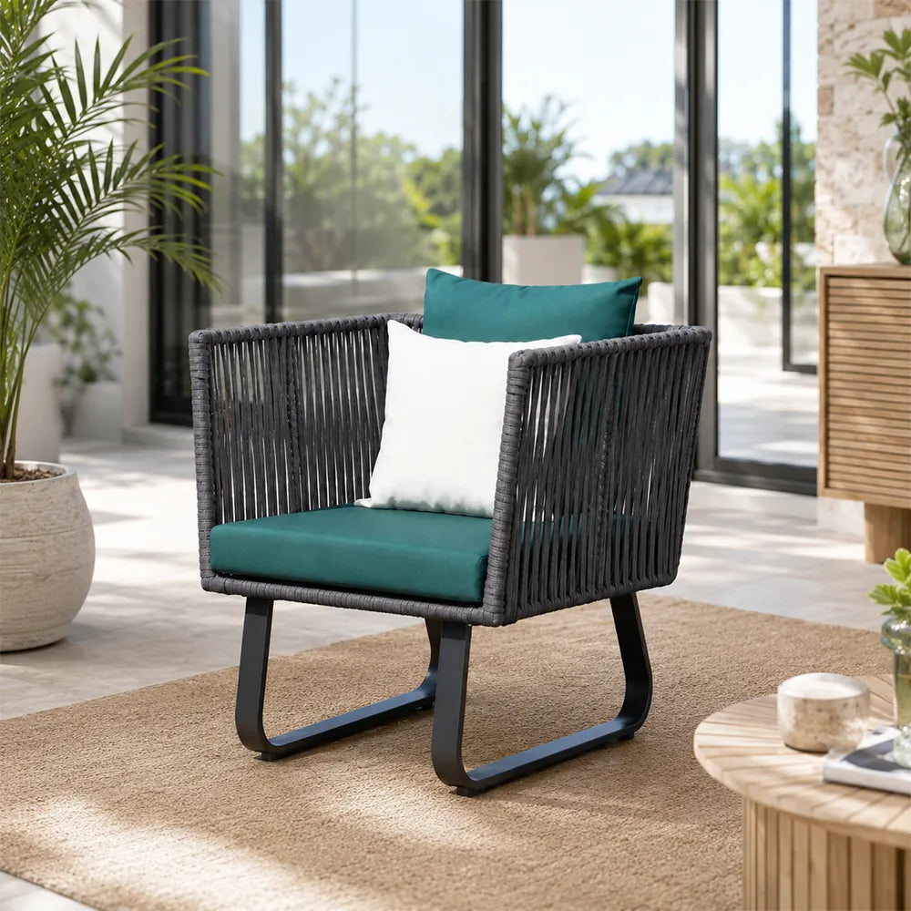 SOLARA Outdoor Lounge Chair - Single Seat Woven Sofa Aluminium Frame Rope Weaving Patio Furniture for Garden Balcony Leisure Spaces - Green