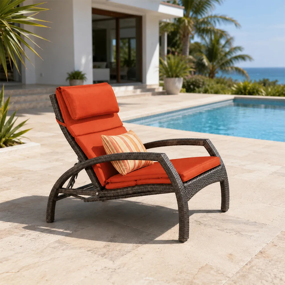 SOLARA Outdoor Sun Lounger - Adjustable Reclining Daybed with Cushion Steel Frame Woven Patio Furniture for Pool Garden Leisure Spaces - Orange