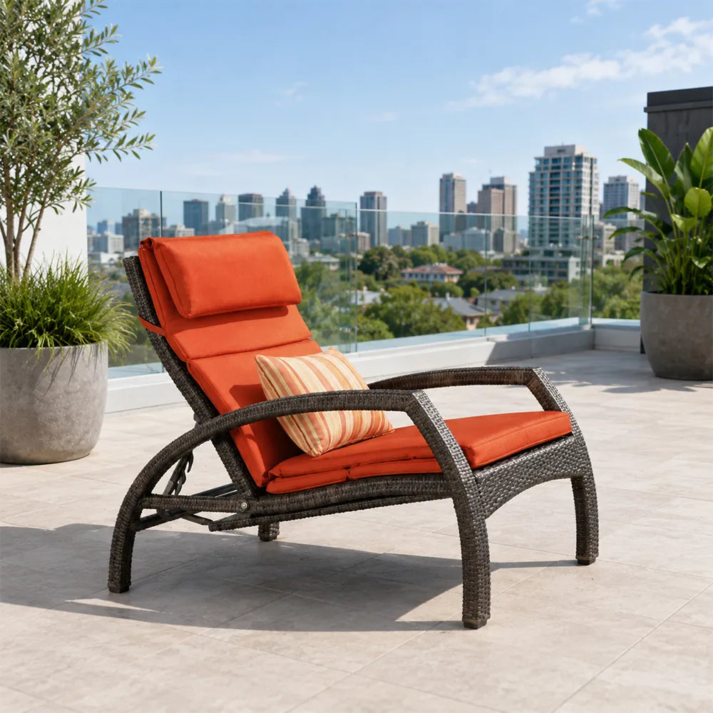 SOLARA Outdoor Sun Lounger - Adjustable Reclining Daybed with Cushion Steel Frame Woven Patio Furniture for Pool Garden Leisure Spaces - Orange