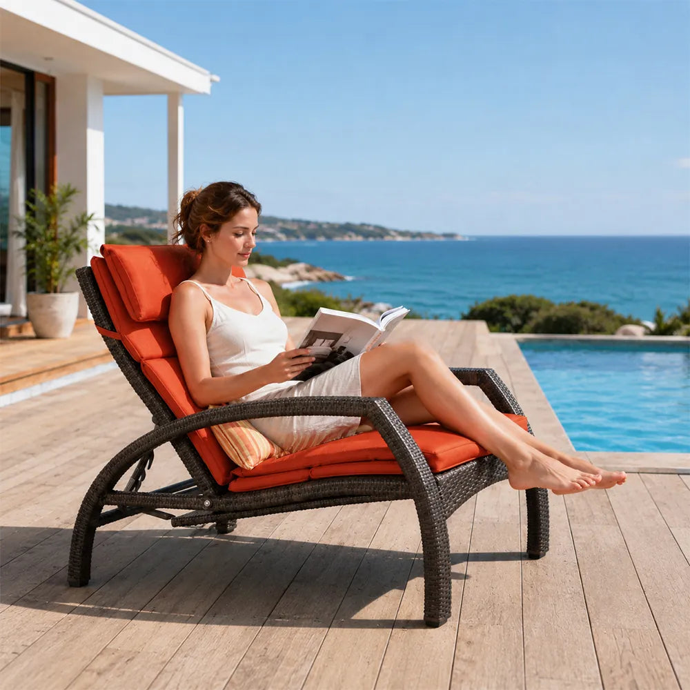 SOLARA Outdoor Sun Lounger - Adjustable Reclining Daybed with Cushion Steel Frame Woven Patio Furniture for Pool Garden Leisure Spaces - Orange