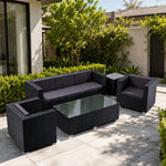 SOLARA Outdoor Sofa Set - 3 Seater Sofa with 2 Lounge Chairs Coffee Table & Side Table Wicker Patio Furniture for Garden Leisure Spaces - Black
