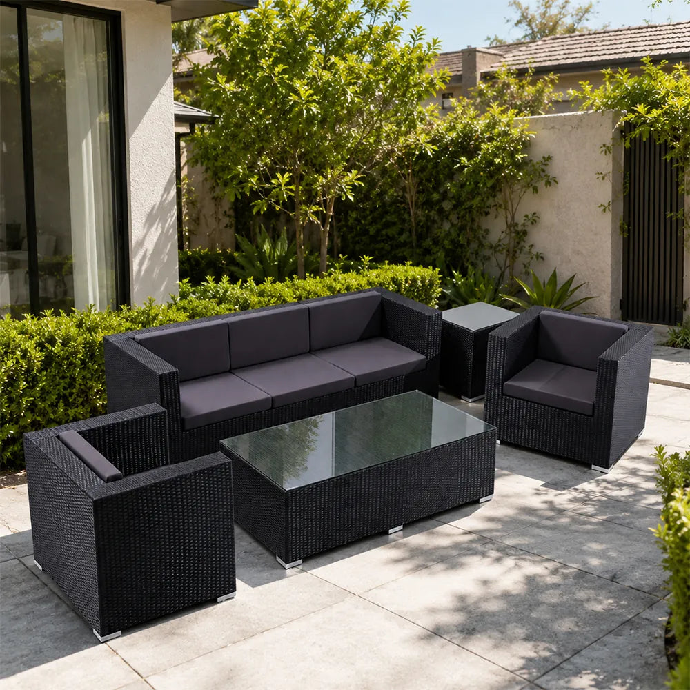 SOLARA Outdoor Sofa Set - 3 Seater Sofa with 2 Lounge Chairs Coffee Table & Side Table Wicker Patio Furniture for Garden Leisure Spaces - Black