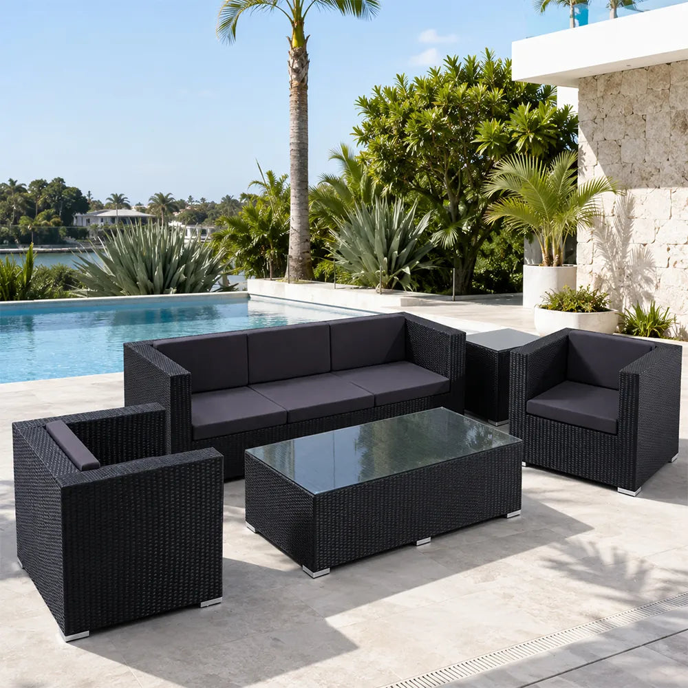 SOLARA Outdoor Sofa Set - 3 Seater Sofa with 2 Lounge Chairs Coffee Table & Side Table Wicker Patio Furniture for Garden Leisure Spaces - Black