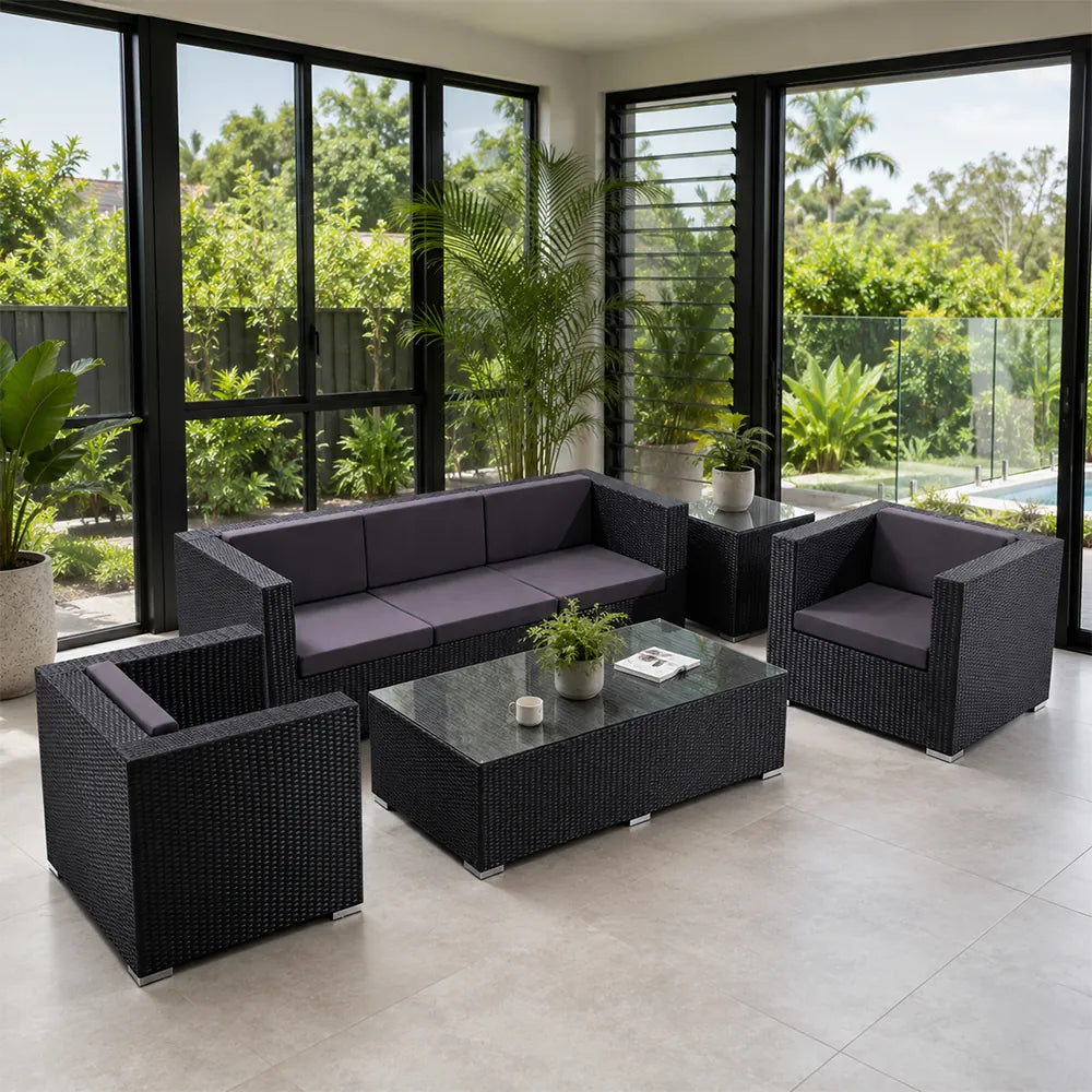 SOLARA Outdoor Sofa Set - 3 Seater Sofa with 2 Lounge Chairs Coffee Table & Side Table Wicker Patio Furniture for Garden Leisure Spaces - Black