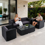 SOLARA Outdoor Sofa Set - 3 Seater Sofa with 2 Lounge Chairs Coffee Table & Side Table Wicker Patio Furniture for Garden Leisure Spaces - Black