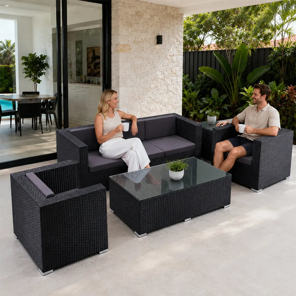 SOLARA Outdoor Sofa Set - 3 Seater Sofa with 2 Lounge Chairs Coffee Table & Side Table Wicker Patio Furniture for Garden Leisure Spaces - Black