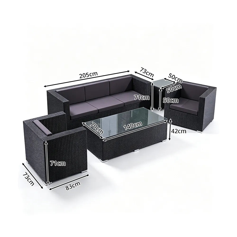 SOLARA Outdoor Sofa Set - 3 Seater Sofa with 2 Lounge Chairs Coffee Table & Side Table Wicker Patio Furniture for Garden Leisure Spaces - Black