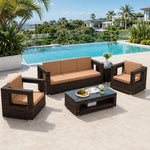 SOLARA Outdoor Sofa Set - 3 Seater Sofa with 2 Lounge Chairs Coffee Table & Side Table Wicker Patio Furniture for Garden Leisure Spaces - Brown