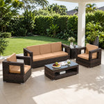 SOLARA Outdoor Sofa Set - 3 Seater Sofa with 2 Lounge Chairs Coffee Table & Side Table Wicker Patio Furniture for Garden Leisure Spaces - Brown