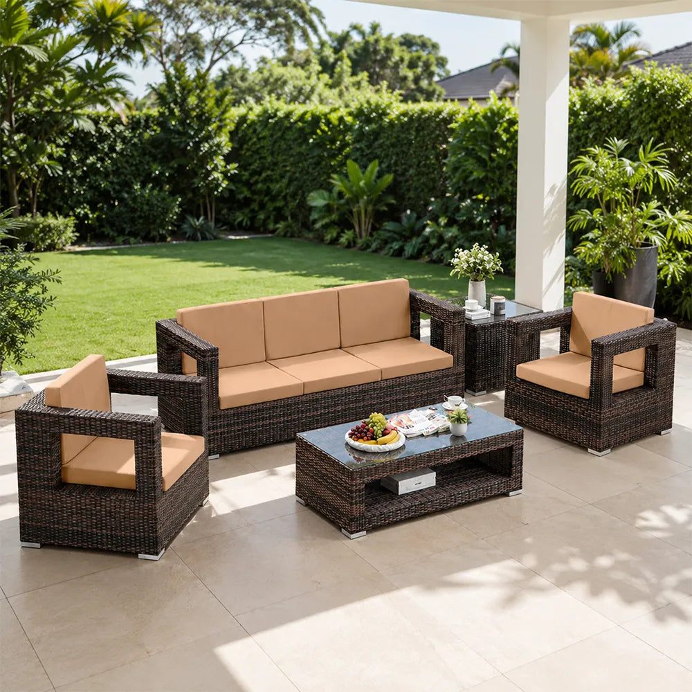 SOLARA Outdoor Sofa Set - 3 Seater Sofa with 2 Lounge Chairs Coffee Table & Side Table Wicker Patio Furniture for Garden Leisure Spaces - Brown