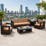 SOLARA Outdoor Sofa Set - 3 Seater Sofa with 2 Lounge Chairs Coffee Table & Side Table Wicker Patio Furniture for Garden Leisure Spaces - Brown