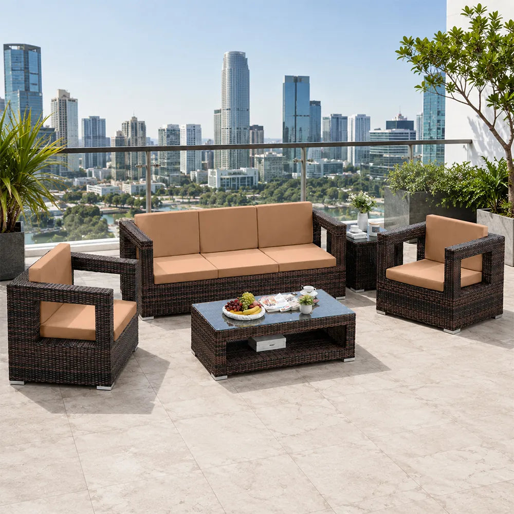 SOLARA Outdoor Sofa Set - 3 Seater Sofa with 2 Lounge Chairs Coffee Table & Side Table Wicker Patio Furniture for Garden Leisure Spaces - Brown