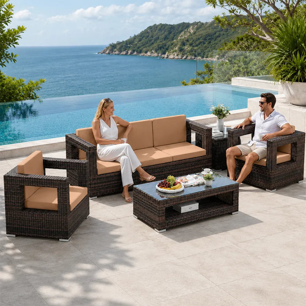 SOLARA Outdoor Sofa Set - 3 Seater Sofa with 2 Lounge Chairs Coffee Table & Side Table Wicker Patio Furniture for Garden Leisure Spaces - Brown