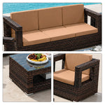 SOLARA Outdoor Sofa Set - 3 Seater Sofa with 2 Lounge Chairs Coffee Table & Side Table Wicker Patio Furniture for Garden Leisure Spaces - Brown
