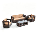 SOLARA Outdoor Sofa Set - 3 Seater Sofa with 2 Lounge Chairs Coffee Table & Side Table Wicker Patio Furniture for Garden Leisure Spaces - Brown