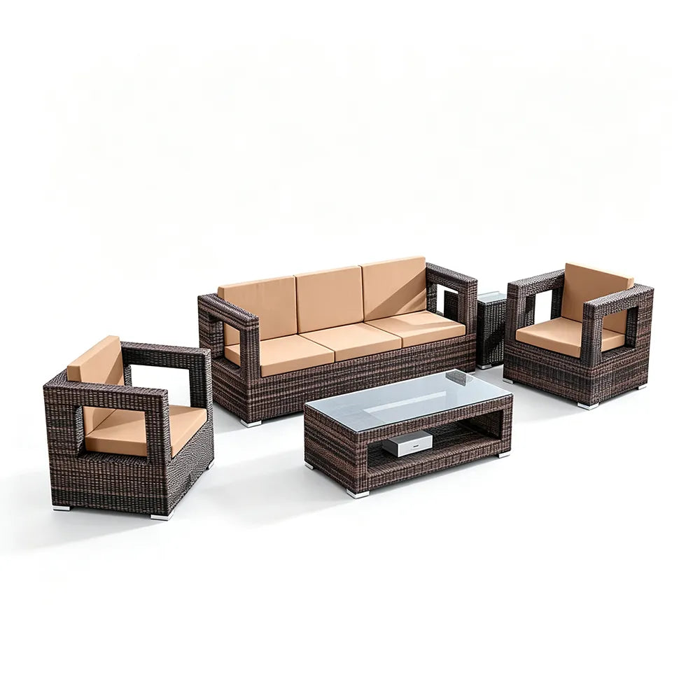 SOLARA Outdoor Sofa Set - 3 Seater Sofa with 2 Lounge Chairs Coffee Table & Side Table Wicker Patio Furniture for Garden Leisure Spaces - Brown