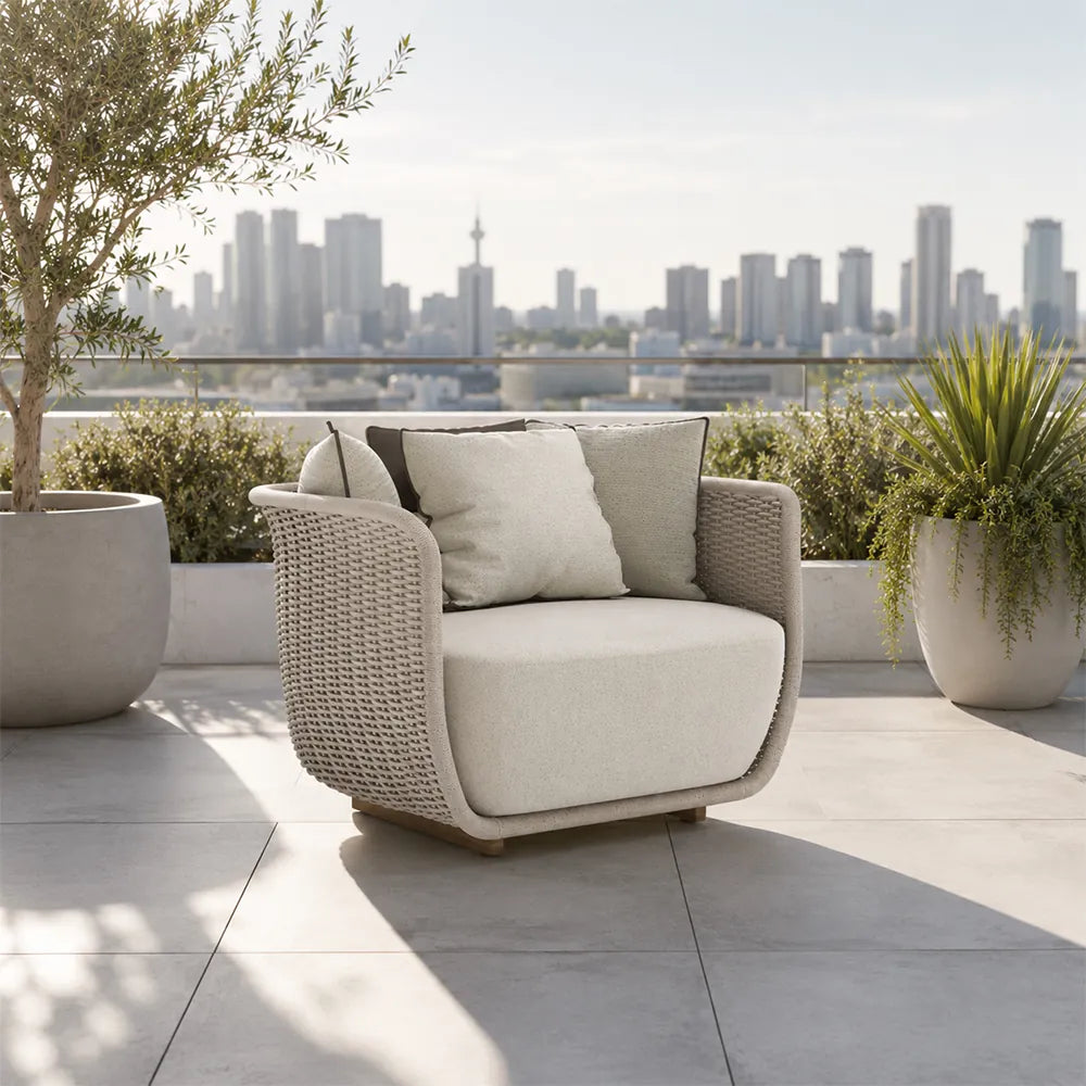 SOLARA Outdoor Lounge Chair - Single Seat Rope Woven Sofa Aluminium Alloy Frame Patio Furniture for Garden Balcony Leisure Spaces - Beige