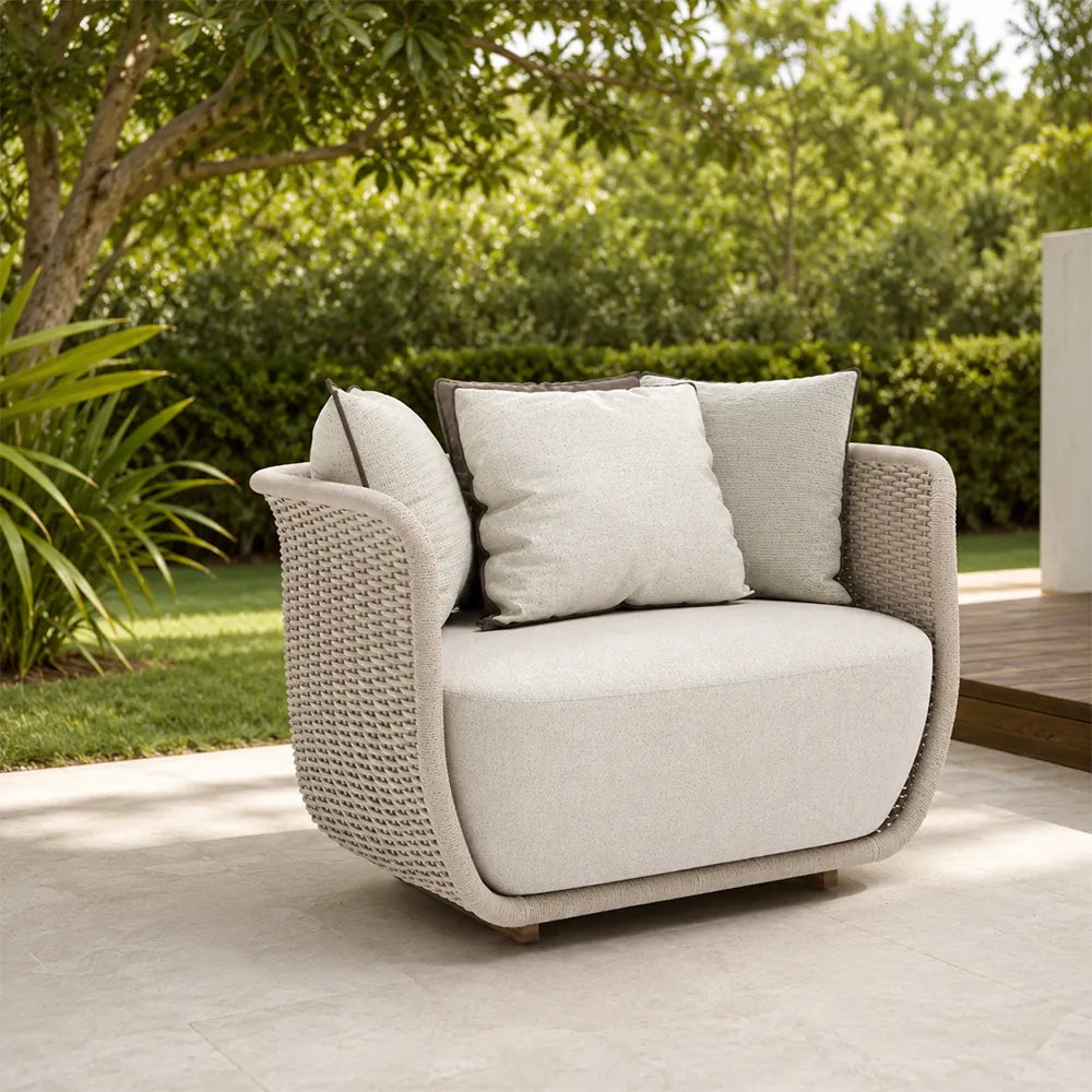 SOLARA Outdoor Lounge Chair - Single Seat Rope Woven Sofa Aluminium Alloy Frame Patio Furniture for Garden Balcony Leisure Spaces - Beige