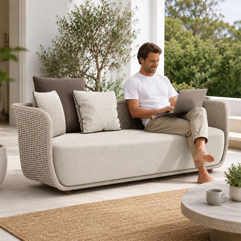 SOLARA Outdoor Sofa - 2 Seater Rope Woven Lounge Sofa Aluminium Alloy Frame Patio Furniture for Garden Balcony Leisure Spaces - Coffee