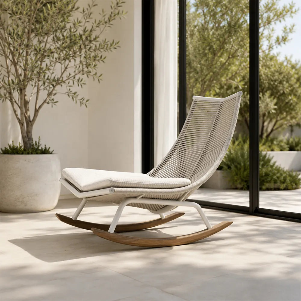 SOLARA Nordic Outdoor Rocking Lounge Chair - Rope Weave Aluminium Frame - Patio Balcony Garden - Grey