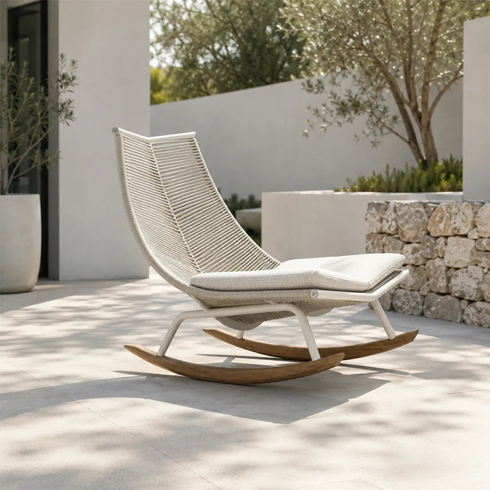 SOLARA Nordic Outdoor Rocking Lounge Chair - Rope Weave Aluminium Frame - Patio Balcony Garden - Grey