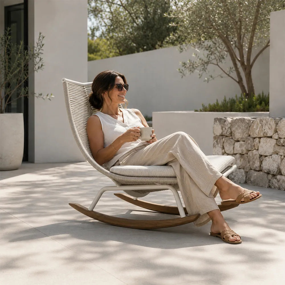 SOLARA Nordic Outdoor Rocking Lounge Chair - Rope Weave Aluminium Frame - Patio Balcony Garden - Grey