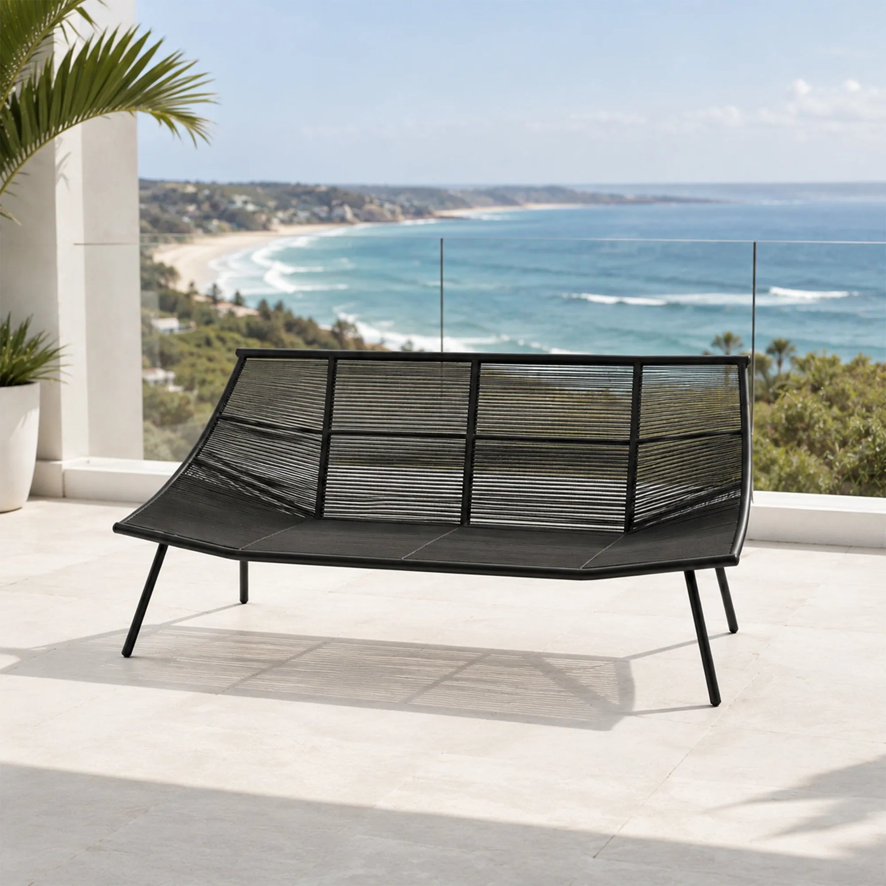 SOLARA Nordic Outdoor 2-Seater Sofa - Woven Rope Aluminium Frame - 180x80x76cm - Patio Balcony Garden - Grey